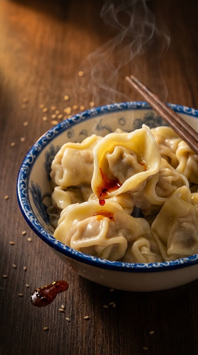 Wontons humeantes en bowl de porcelana
